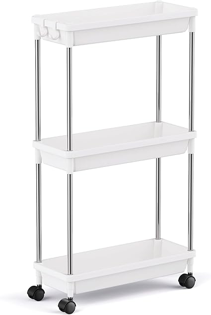 Lifewit 3-Tier Storage Trolley, Narrow Storage Unit for Space-Saving Organization, Rolling Bathroom Kitchen Trolley on Wheels, 39 x 16 x 70 cm, White