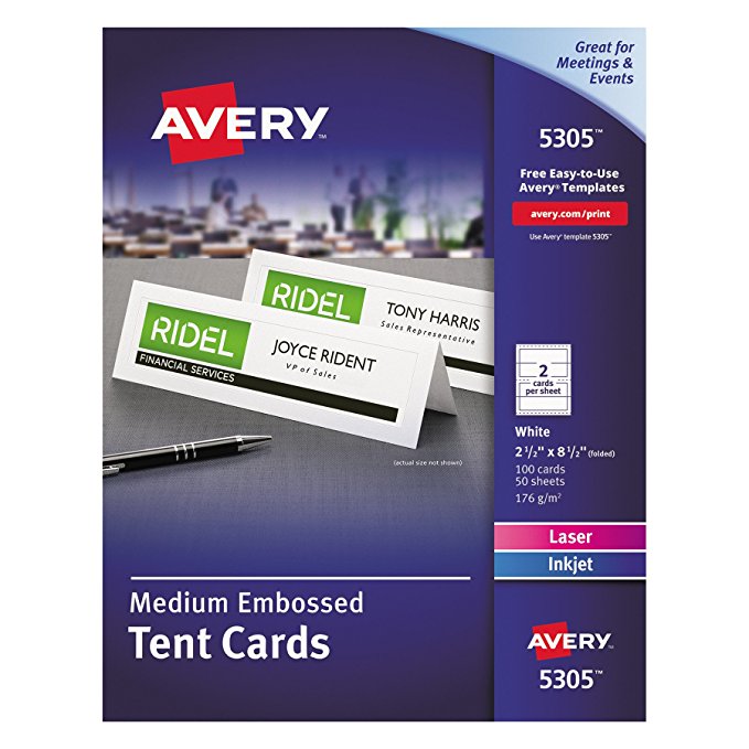 Avery 5305 Medium Embossed Tent Cards, White, 2 1/2 x 8 1/2, 2 Cards/Sheet (Box of 100)