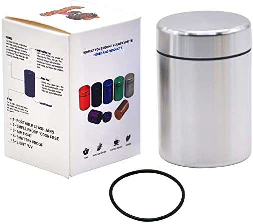 Stash Jar - Airtight Smell Proof Durable Multi-Use Portable Metal Herb Jar Container. Waterproof Aluminum Screw-top Lid Lock Odor (Silver)