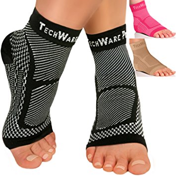 Tech Ware Pro Ankle Brace Compression Sleeve - Relieves Achilles Tendonitis, Joint Pain. Plantar Fasciitis Foot Sock with Arch Support Reduces Swelling & Heel Spur Pain. Injury Recovery for Sports