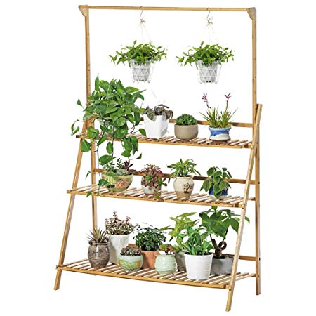 UNHO 3 Tier Plant Ladder Bamboo Plant Stand Flower Pots Hanging Rack Outdoor Garden Shelves Plant Display Stand 100CM