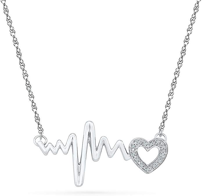Sterling Silver White Round Diamond Heartbeat Necklace (0.03 Cttw)