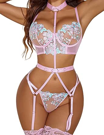 Avidlove Womens Lingerie Embroidered Lace Underwire Strappy Bra and Panty Set with Removable Garter