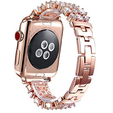 FanTEK Band for Apple Watch 38mm, Luxury Crystal Bling Rhinestone Diamond Bracelet Strap, Adjustable Stainless Steel Replacement Band Compatible with iWatch 38mm Series 3 Series 2 Series 1 Rose Gold