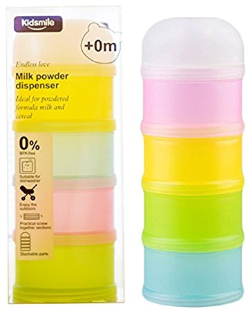 Kidsmile Baby Non-Spill Milk Powder Dispenser, On-the-Go Twist-Lock Stackable Formula Dispenser and Snack Storage Containers Set, Four Tier Packin' Smart Storage System, 4 Pack of Different Colors