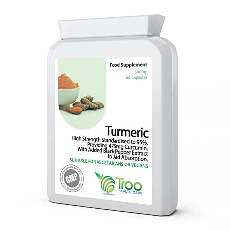 Turmeric 500mg 60 Capsules with Black Pepper Extract Piperine - Provides 95% Standardisation of Curcumin - UK Manufactured Guaranteed Quality Assurance