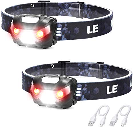 LE USB Rechargeable LED Head Torch, Waterproof Lightweight Headlamp with Red Warning Lights, 5 Modes Headlight for Cycling Running Camping Hiking Fishing and More, Pack of 2