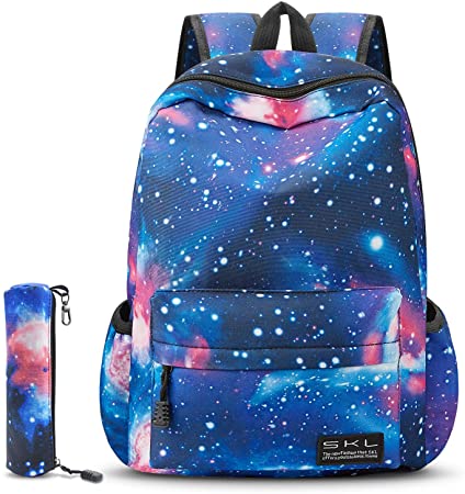 SKL Galaxy School Backpack, School Bag Student Stylish Unisex Canvas Laptop Backpack Lightweight Bag Rucksack Daypack with Pencil Bag for Teen Boys and Girls