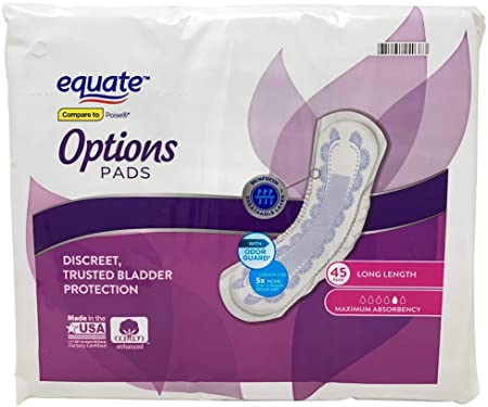 Equate Options Maximum Absorbency Long Length Incontinence Pads, 45 Count