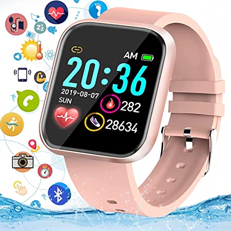 Pradory Smart Watch, Fitness Watch Activity Tracker with Blood Pressure Heart Rate Monitor IP67 Waterproof Bluetooth Smartwatch Touch Screen Sports Tracker Watch for iOS Phones Android Women Men Pink