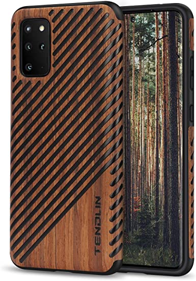 TENDLIN Compatible with Samsung Galaxy S20 Plus Case Wood Grain Outside Design TPU Hybrid Case (Wood & Leather)