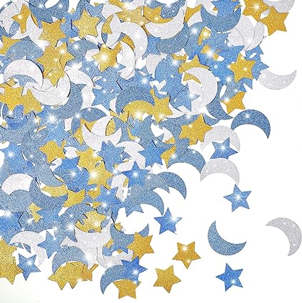 400 Pieces Glitter Star and Moon Paper Confetti Double Side Table Paper Confetti Sequin for Wedding Birthday Baby Shower Moon and Star Party Ramadan Mubarak Decor (Dark Blue, Light Blue, Gold, Silver)