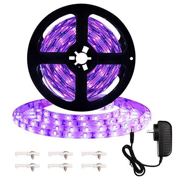 Onforu 16.4ft LED UV Black Light Strip Kit, 12V Flexible Blacklight Fixtures with 300 Units UV Lamp Beads, Non-Waterproof for Indoor Fluorescent Dance Party, Stage Lighting, Body Paint