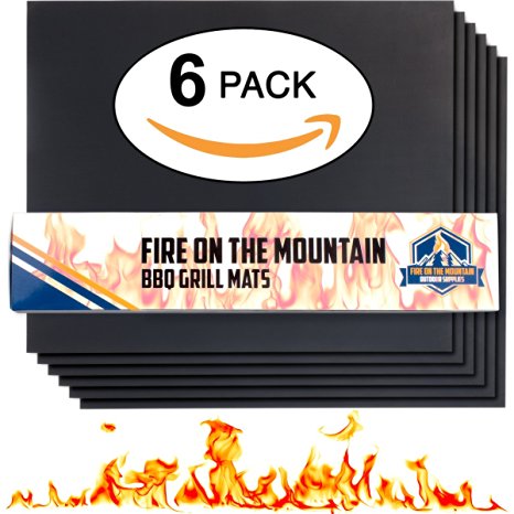Fire On The Mountain BBQ Grill Mat - Set Of 6 Nonstick BBQ Grill Mats - 16 x 13 Inch - Lifetime Guarantee - Authentic BBQ Taste w/ No Mess (Non Stick) - Easy to Clean, Reusable, Withstands Grill Heat