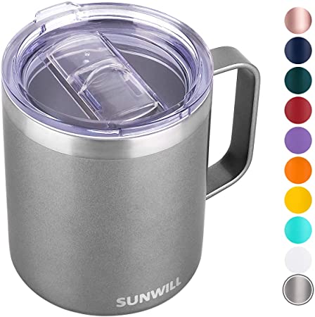 SUNWILL Coffee Mug with Handle, 14oz Insulated Stainless Steel Coffee Travel Mug, Double Wall Vacuum Reusable Coffee Cup with Lid, Cool Grey