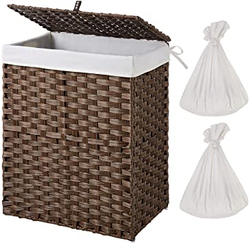 Greenstell Handwoven Laundry Hamper with 2 Removable Liner Bag, Synthetic Rattan Laundry Basket with Lid and Handles, Foldable and Easy to Install Brown (Standard Size)