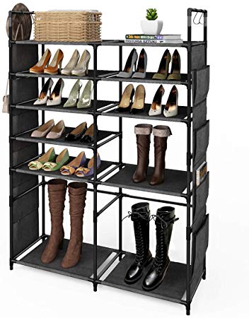 ZERO JET LAG 57" H Shoe Rack Boots Storage Organizer 6 Tiers Closet Entryway Shelf Stackable Cabinet Tower Double Row Non-Woven Fabric Metal 20-25 Pairs Black