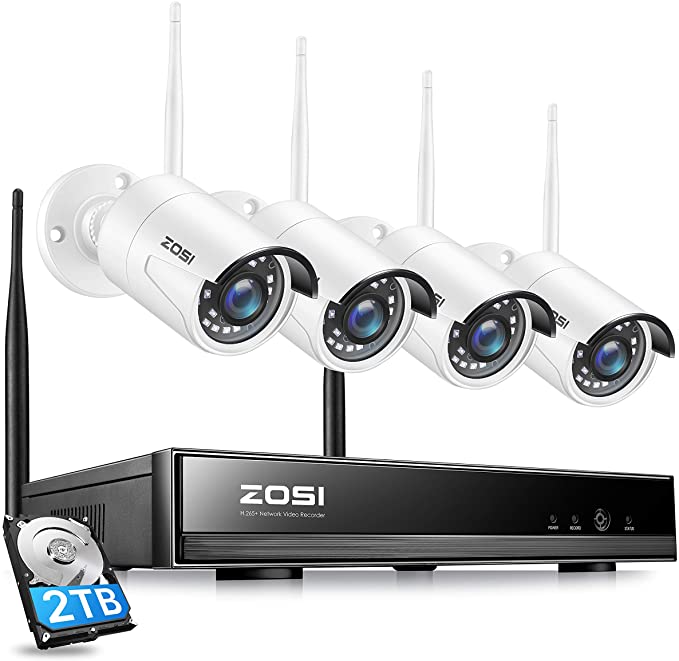 ZOSI 8CH 1080P Wireless Security Camera System,2TB Hard Drive,H.265  8Channel CCTV NVR Recorder,4PCS 2MP Outdoor Indoor IP66 Waterproof Cameras,80ft Night Vision,Motion Alert,Mobile&PC Remote Access