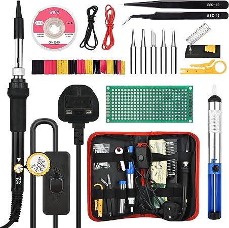 Soldering Iron Kit, 60W Adjustable Temperature 200-450°C Soldering-Iron Gun Kit,Welding Tools with ON/Off Switch,5 Soldering Tips,Desoldering Pump,Tin Wire Tube, Stand, Wire Stripper Cutter, Tweezers