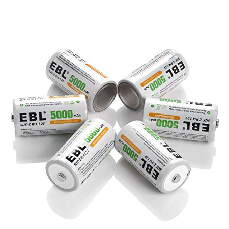 EBL Rechargeable C Batteries 5000mAh HomeBasic Battery C Size Cell with Box, Pack of 6