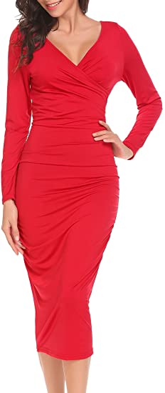 Zeagoo Women Long Sleeve V Neck Ruched Bodycon Cocktail Party Wrap Midi Dress