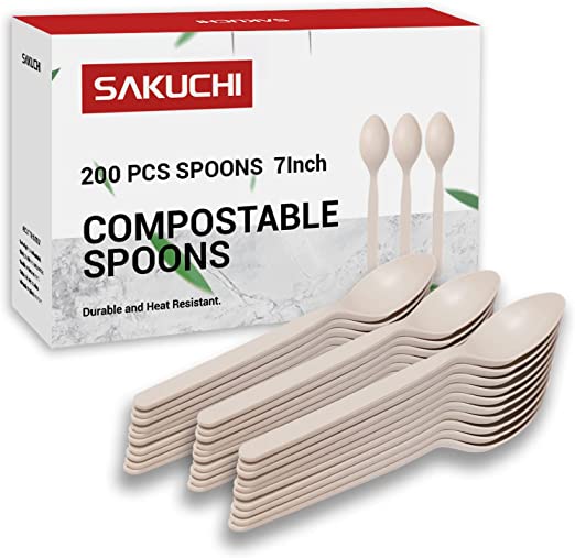 Compostable Spoons,200PCS Corn Plant Based Disposable Spoons, Plastic Spoon Disposable Utensils Heavy Duty for Party Supply Camping BBQ Wedding Outdoor Activities