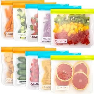 Qinline Reusable Food Storage Bags - 10 Pack Dishwasher Safe Freezer Bags, BPA Free Reusable Bags Silicone, Leakproof Reusable Lunch Bag for Salad Fruit Travel - 10 Sandwich Storage Bags