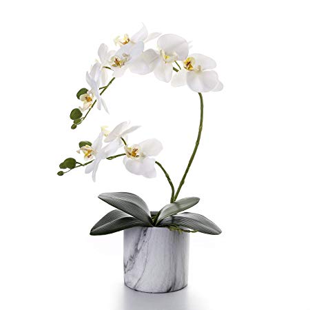 Livilan Artificial Flower Arrangements White Silk Orchid in Marble Ceramic Vase for Home Decoration