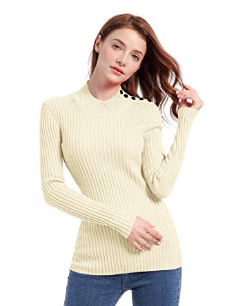 v28 Women Mock Neck Knit Long Sleeve Shoulder Button Slim Fit Ribbed Sweater