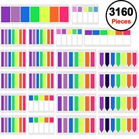 SIQUK 3160 Pieces Colored Page Markers Sticky Index Tabs Neon Note Tabs Polka Dots and Stripes Page Flag Tabs Fluorescent Sticky Note, 22 Sets