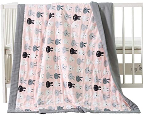 NIUXUAN 100% Cotton Quilt Baby Bed Blanket- Double Layered Yarn Toddler Muslin Blanket,Anti-Allergic Lightweight Stroller Blanket- Soft Swaddle Blankets Boys Girls Nap Crib Blanket (47" x 59",Bunny)