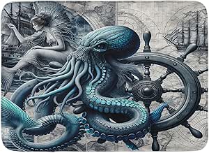 Ambesonne Blue Bath Mat, Nautical Concept Gothic Marine Fantasy Sailors Nightmare Kraken Siren, Plush Bathroom Decor Mat with Non Slip Backing, 30.2" x 20", Dark Blue Grey and Ivory