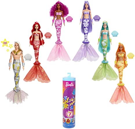 Barbie Color Reveal Mermaid Doll with 7 Unboxing Surprises: Metallic Blue with Rainbows; Water Reveals Full Look & Color Change; Gift for Kids 3 Years & Older [Styles May Vary]