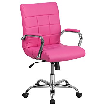 Mid-Back Pink Vinyl Executive Swivel Chair with Chrome Base and Arms