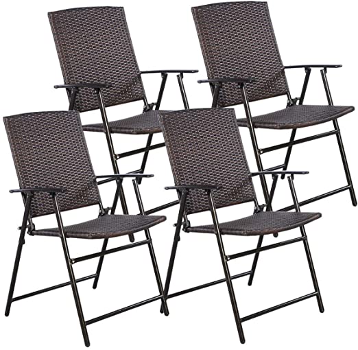 COSTWAY HW51584 P 4 PCS Folding Patio Outdoor Pool Lawn Portable Wicker Armrest & Footrest Durable Rattan Steel Frame Commercial Foldable Stackable Party Wedding Chair Set (24X23X, Mix Brown