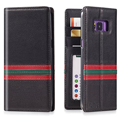 Galaxy S8 Leather Flip Case -- iPulse Milan Series Italian Full Grain Leather Handmade Wallet Case For Samsung Galaxy S8 - [Vintage Book Style ] [Built-in Stand] [Card Slots Holder] - Black/Red