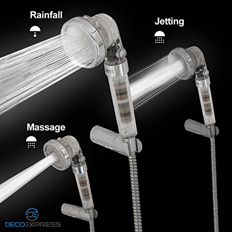 High Pressure Handheld Ionic Filter Shower Head with 3-Way Shower Modes - Pressure Booster & Water Saving – With Negative Ion Spinning Filter that Softens Water and Removes Chlorine – With Magnetic Therapy Function - Sealed Gift Box comes with Extra Stainless Steel Plate and 1 Extra Filter filled with Mineralised Stones