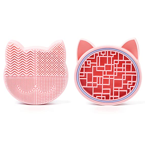 Silicon Makeup Brush Cleaning Mat with Brush Drying Holder Brush Cleaner Mat Portable Cat Shaped Cosmetic Brush Cleaner Pad (New Pink)