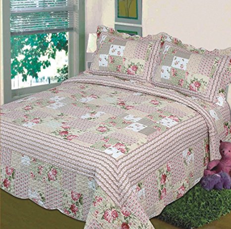 Fancy Collection 3pc Bedspread Bed Cover Pink Beige Green Flowers King/California King Over size 118"x106"