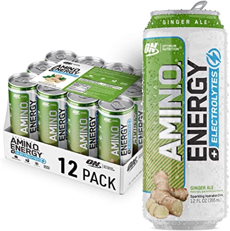 Optimum Nutrition Amino Energy   Electrolytes Sparkling Hydration Drink - Pre Workout, BCAA, Keto Friendly, Energy Powder - Ginger Ale, 12 Count