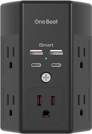 Multi Plug Outlet, Surge Protector, 5 Outlet Extender with 4 USB Charging Ports (2 USB C), USB Wall Charger, 3-Sided 1800J Power Strip Outlets Splitter Wall Plug Adapter Spaced for Home Office, Black