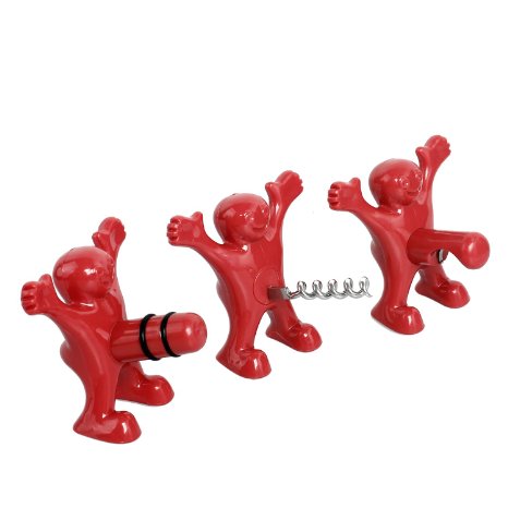 Wine Stopper and Opener Set, Includes Three Cute Red Men of Novelty Bottle Opener, Corkscrew and Stopper, Perfect Gag Gifts Collection for Men and Women