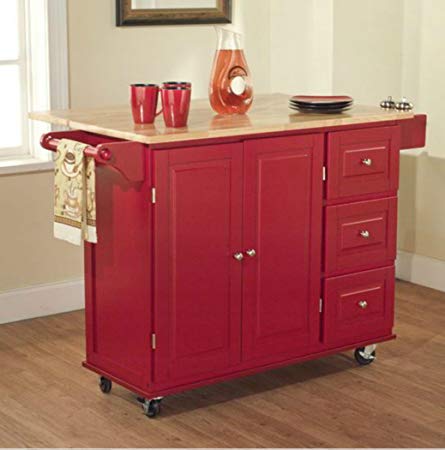 TMS Kitchen Cart and Island - This Portable Small Island Table with Wheels Has a Solid Wood Counter Top - 3 Drawers and 3 Cabinets for Additional Storage Space! (Red)