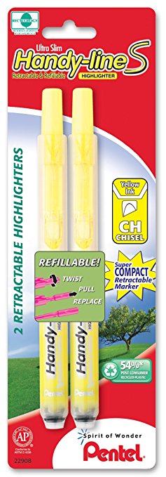 Pentel Handy-line S Retractable Highlighter, Chisel Tip, Yellow Ink, 2/ Pack (SXS15BP2G)