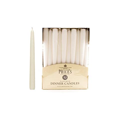 Price's Candles Unwrapped Tapered Dinner Candle, Pack of 50, White