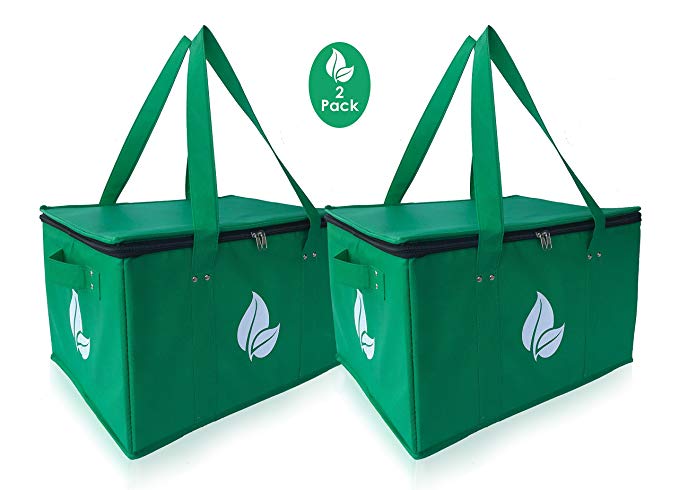 Insulated Reusable Grocery Shopping Box Bag Deluxe Set Stands Upright with REINFORCED BOTTOM AND SIDES Zipper Top Lid in Eco Green Color (Set of 2)