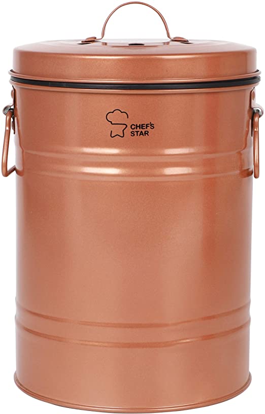 Chef's Star Kitchen Compost Bin, Indoor Garbage Can with Lid, Kitchen Composting Bin with Charcoal Filter, Steel Trash Can, 0.8 Gallon Compost Pail, Copper