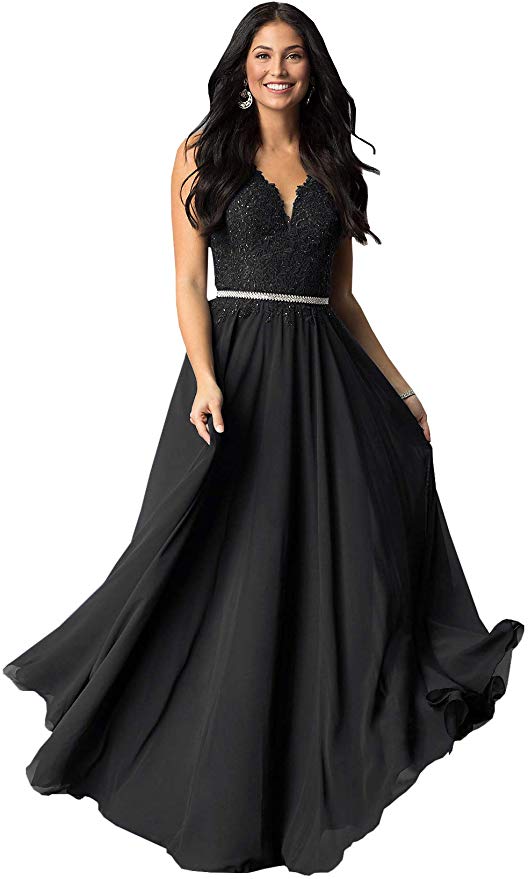 Women's A Line V Neck Lace Bodice Chiffon Prom Dresses Long Formal Evening Gown