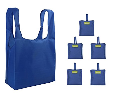 BeeGreen Retail Shopping Bags Set of 5 Royal Blue, Shopping Grocery Bag Folding into Attached Pouch, Ripstop Polyester Large Foldable Tote, Washable, Durable and Lightweight