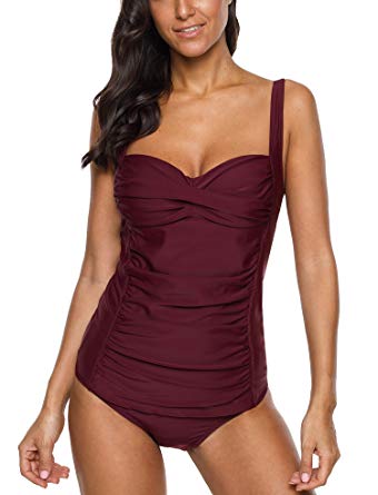 ATTRACO Women's Ruched Solid Two-Piece Swimsuit Tankini Set Swimwear